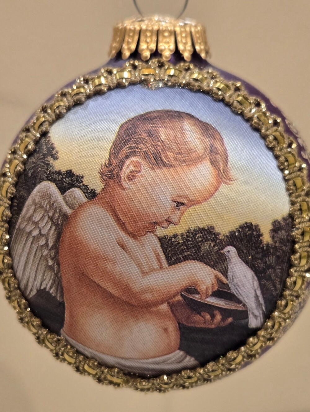 Vintage Christmas By Krebs Boy With Bird Ornament Purple with Gold Trim